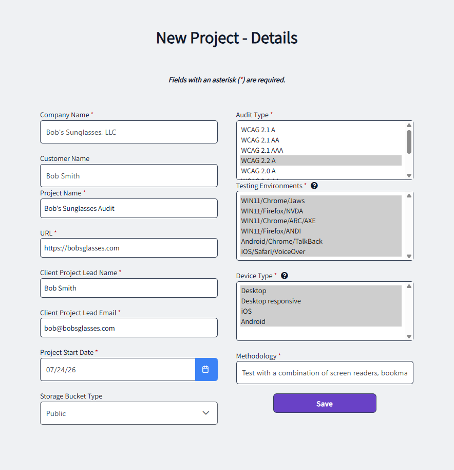 Zenyth Audit New Project details form