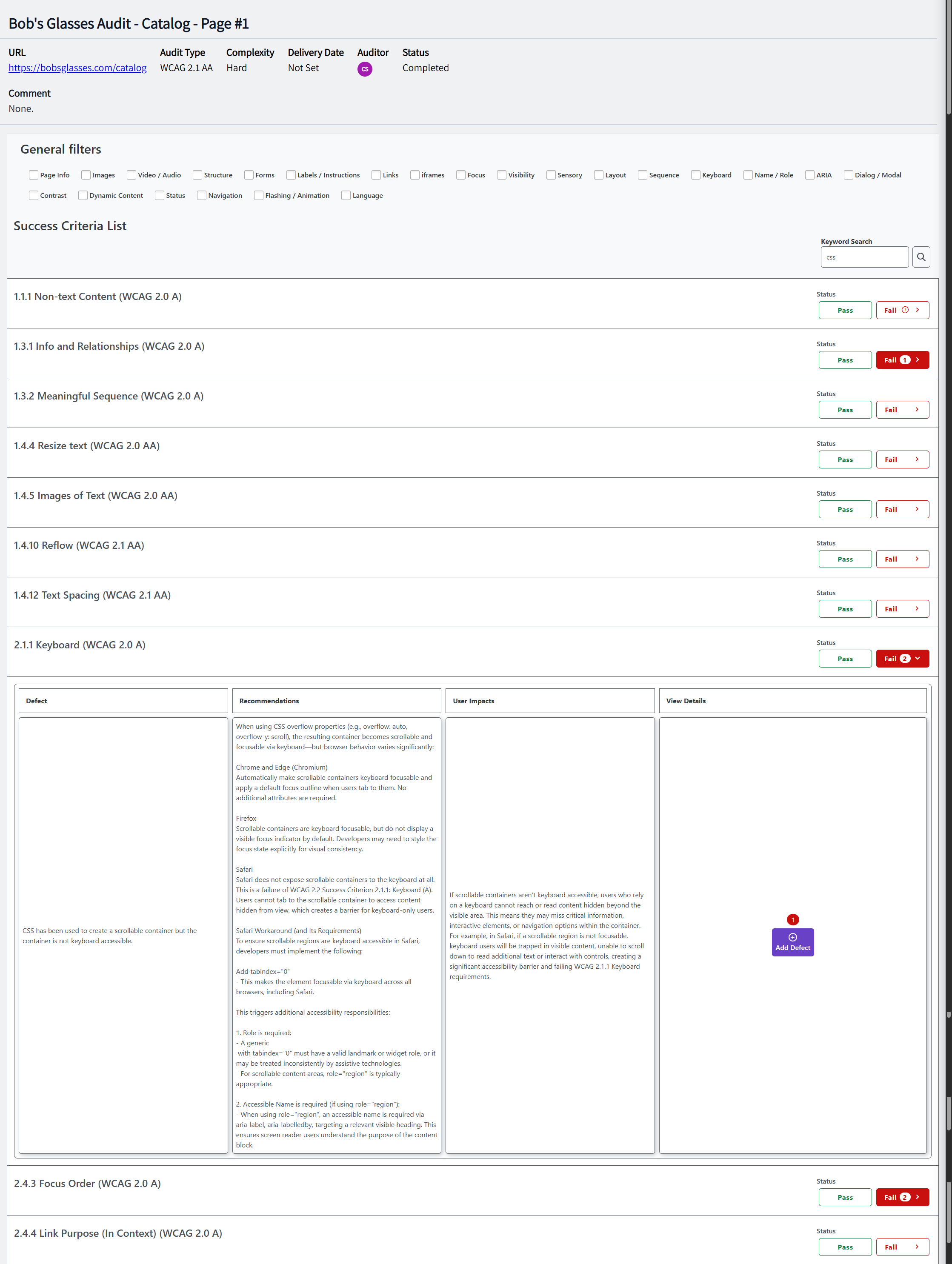 Page audit view with the success-criteria list